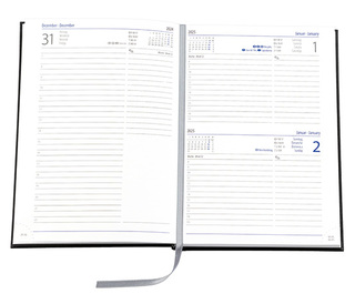 Buchkalender "Trend Chefkalender INT" im Format 14,5 x 20,5 cm, Kalendarium 4-sprachig D/F/I/GB Grau/Blau mit Leseband, 352 Seiten Fadenheftung, Eckenperforation, Einband Slinky bordeaux